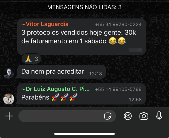 3 protocolos vendidos, 30k em um sábado (grupo)