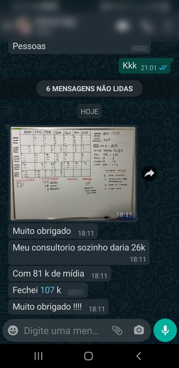 Foto do quadro branco de metas; 107k com 81k de mídia, consultório sozinho daria 26k
