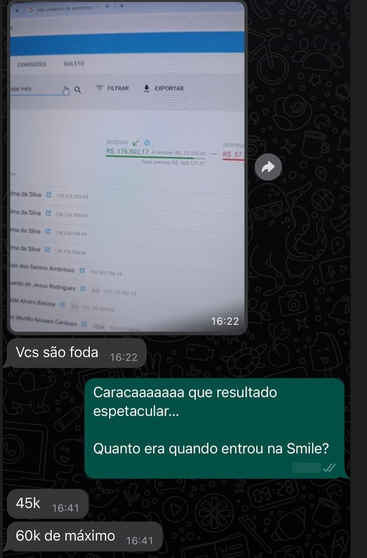 Foto da tela de comissões R$ 176.802; antes da Smile 45k, máximo 60k