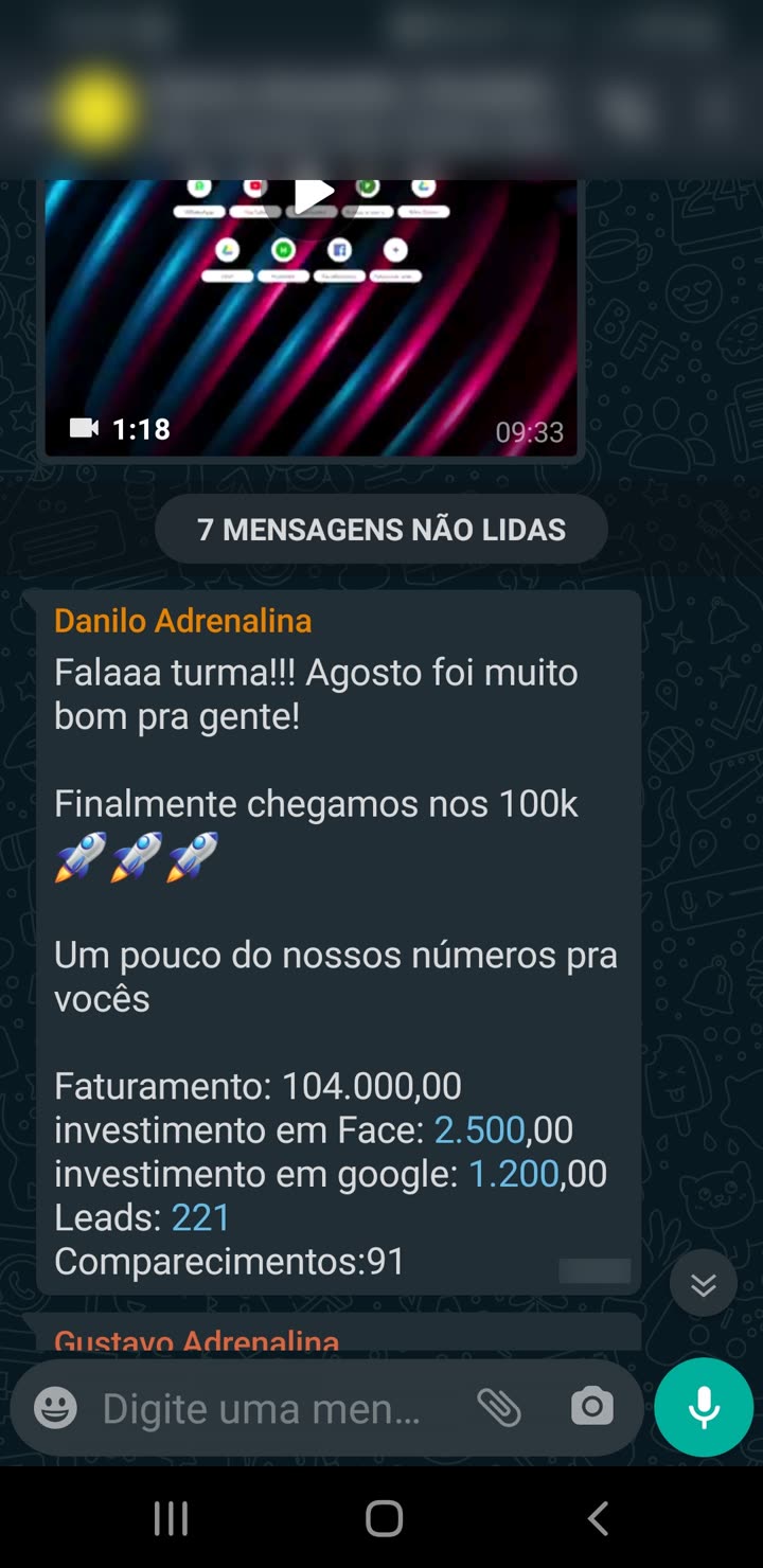 104.000 em agosto: face 2.500, google 1.200, 221 leads, 91 comparecimentos (grupo)