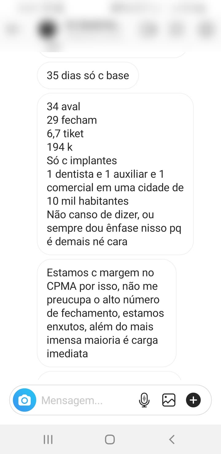 34 avaliações, 29 fechamentos, 194k só com implantes, cidade de 10 mil habitantes