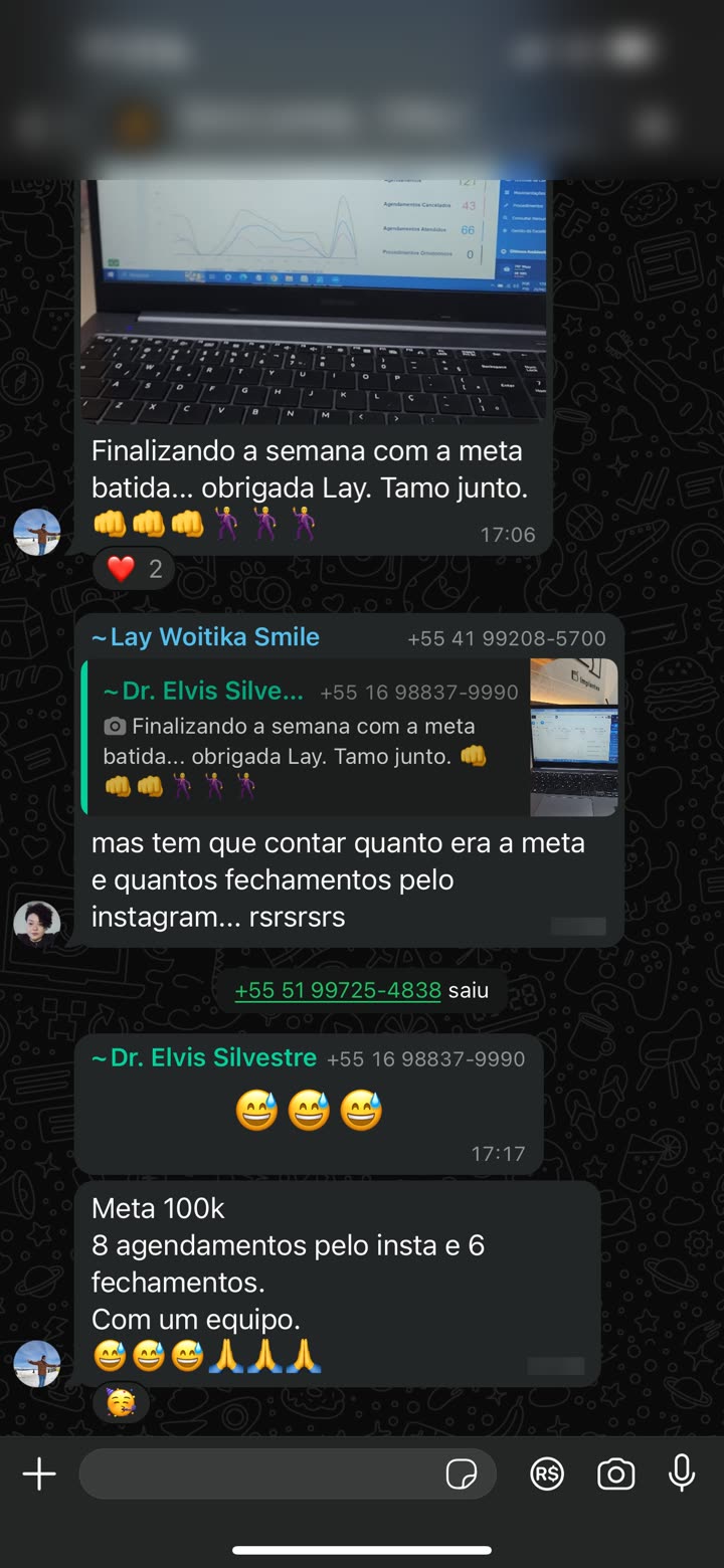 Foto do notebook com o gráfico + meta 100k, 8 agendamentos pelo Insta, 6 fechamentos