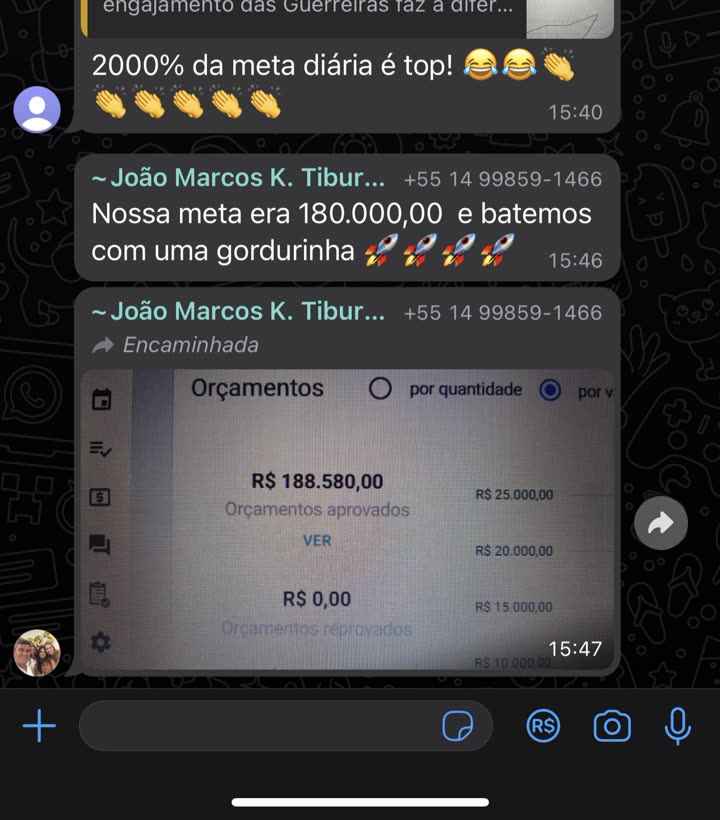 Tela de orçamentos aprovados R$ 188.580; meta era 180.000 (grupo)