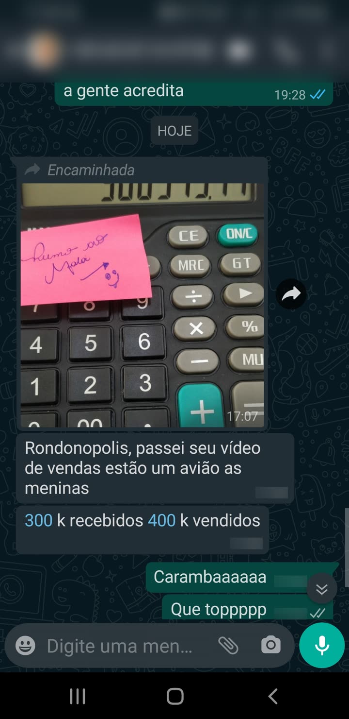 Foto da calculadora com post-it: 300k recebidos, 400k vendidos (Rondonópolis)