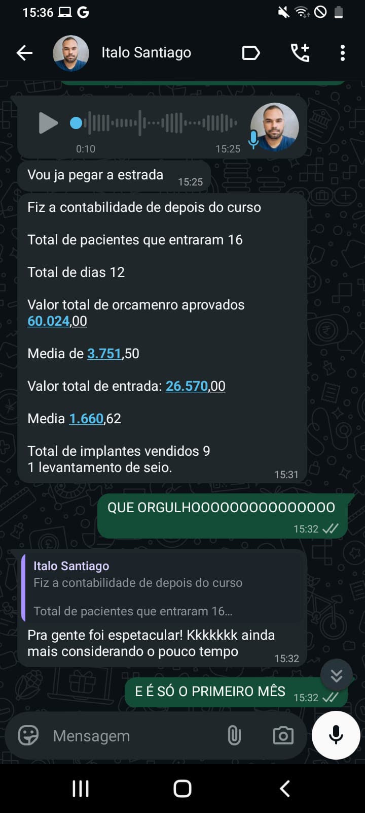 Print de depoimento no WhatsApp: Italo Santiago