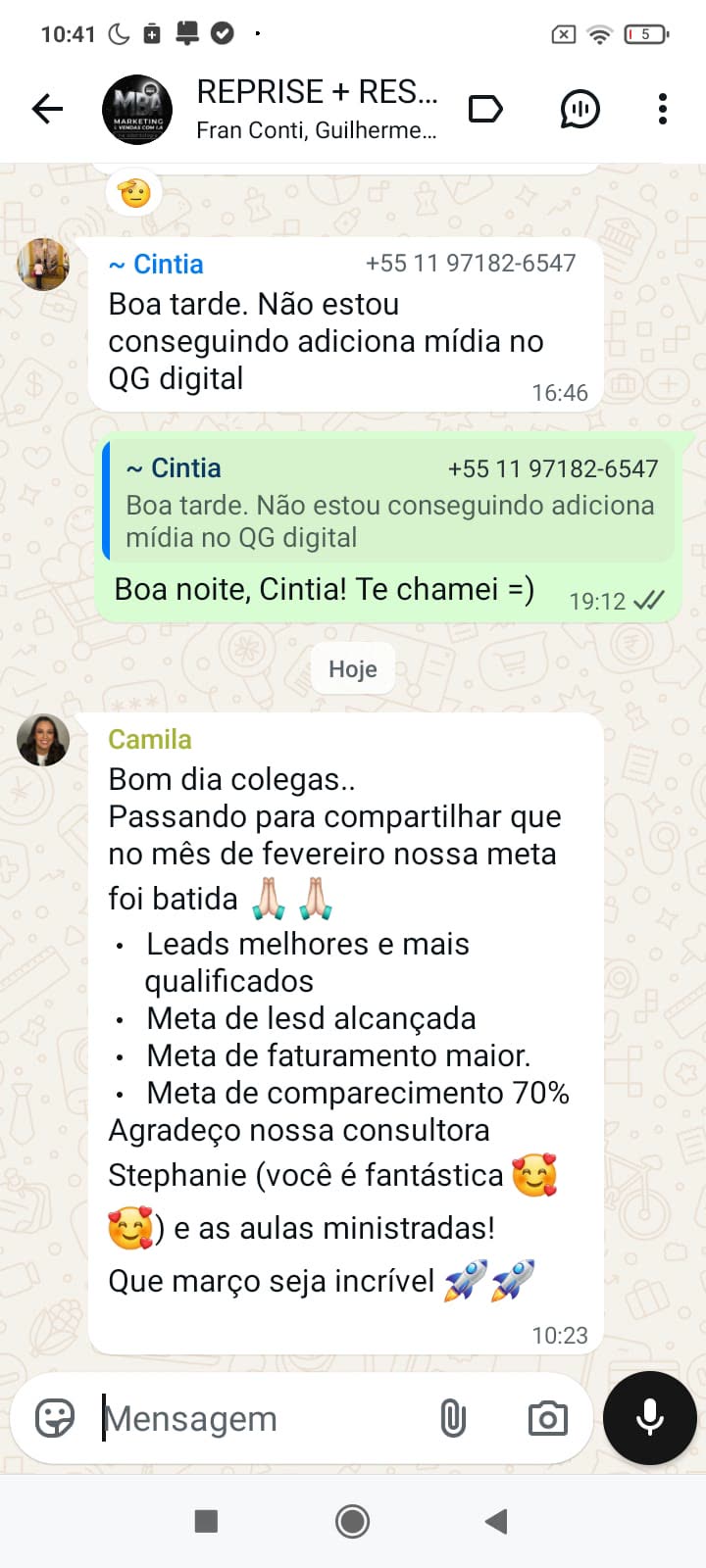 Print de depoimento no WhatsApp: Camila Bresciani