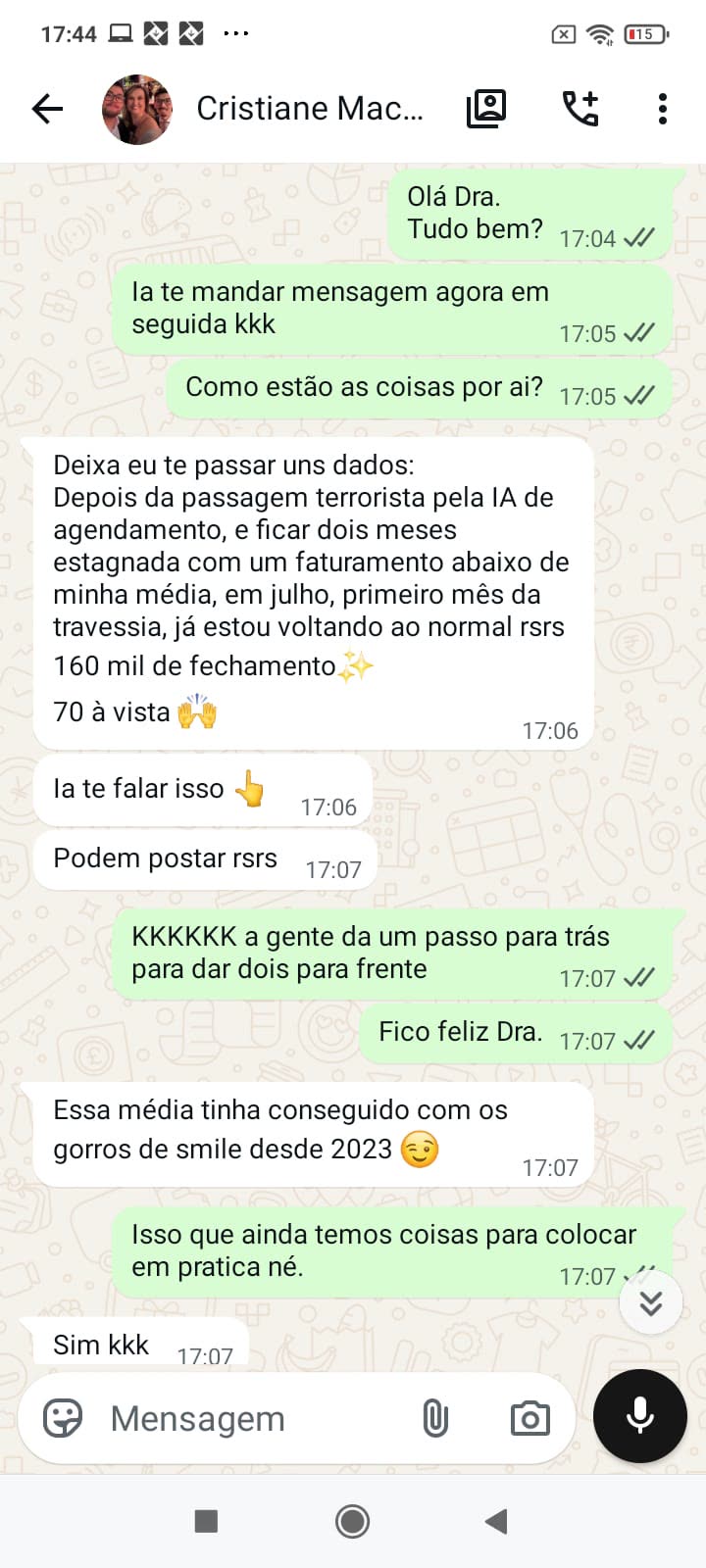 Print de depoimento no WhatsApp: Cristiane