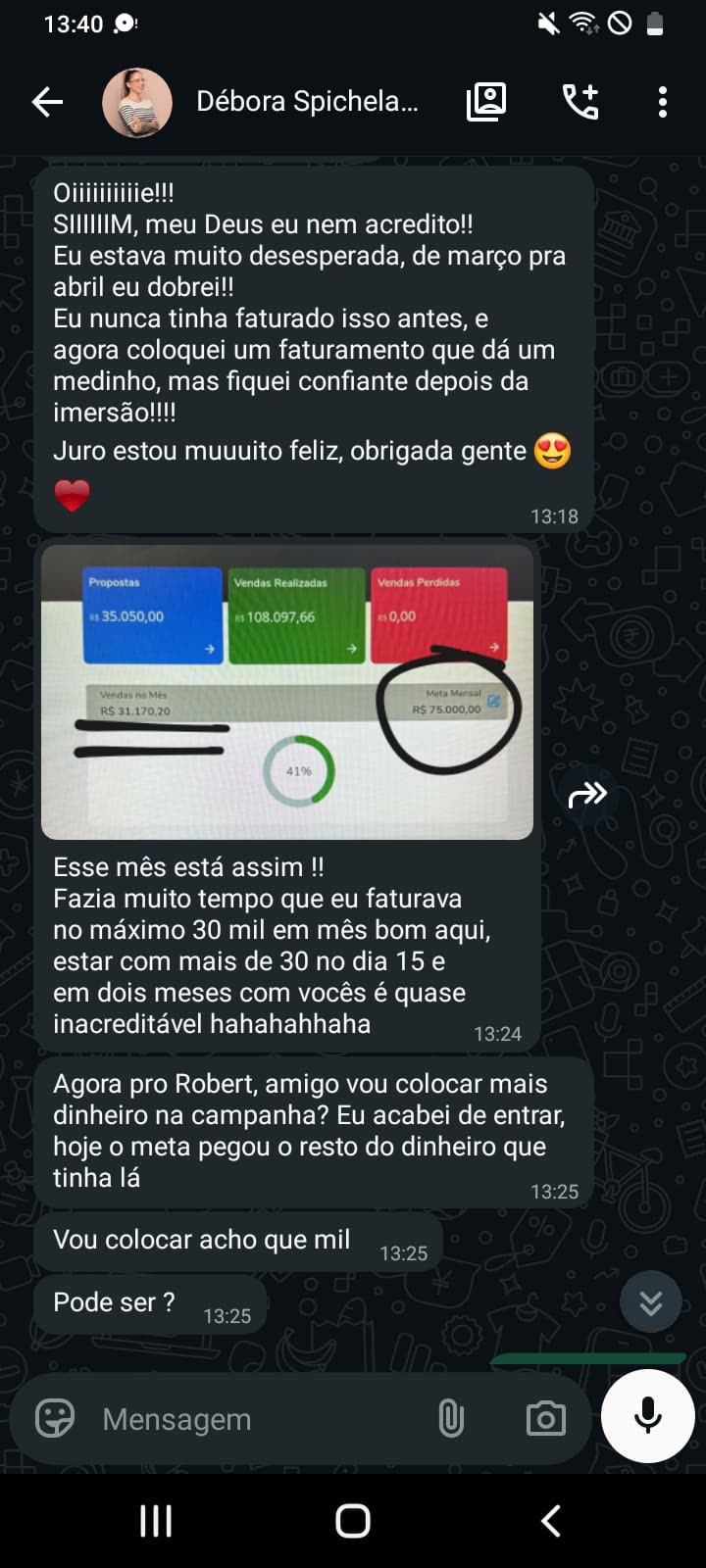 Print de depoimento no WhatsApp: Debora Spichela