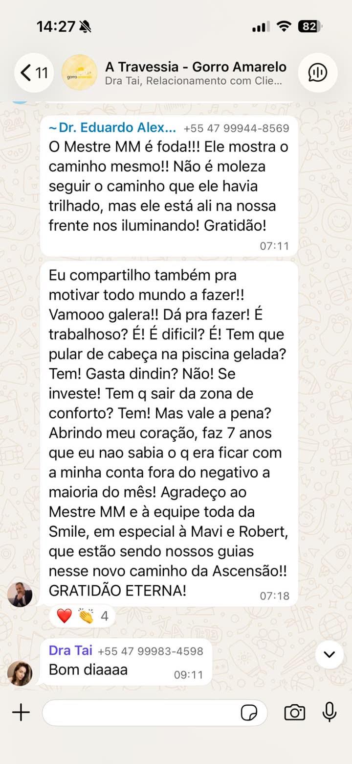 Print de depoimento no WhatsApp: Eduardo Gorro Amarelo 