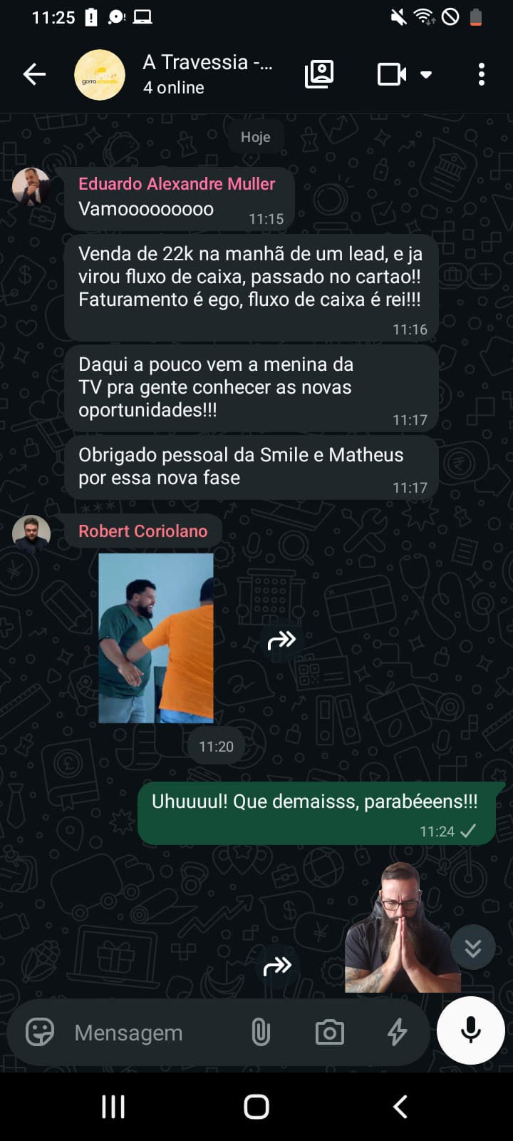 Print de depoimento no WhatsApp: Eduardo Muller (grupo)