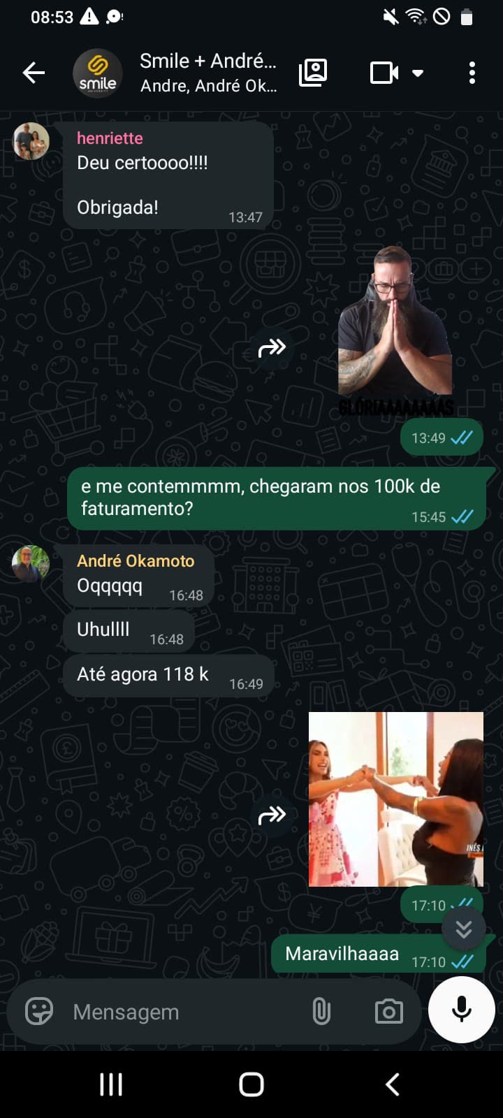 Print de depoimento no WhatsApp: Okamoto +118k