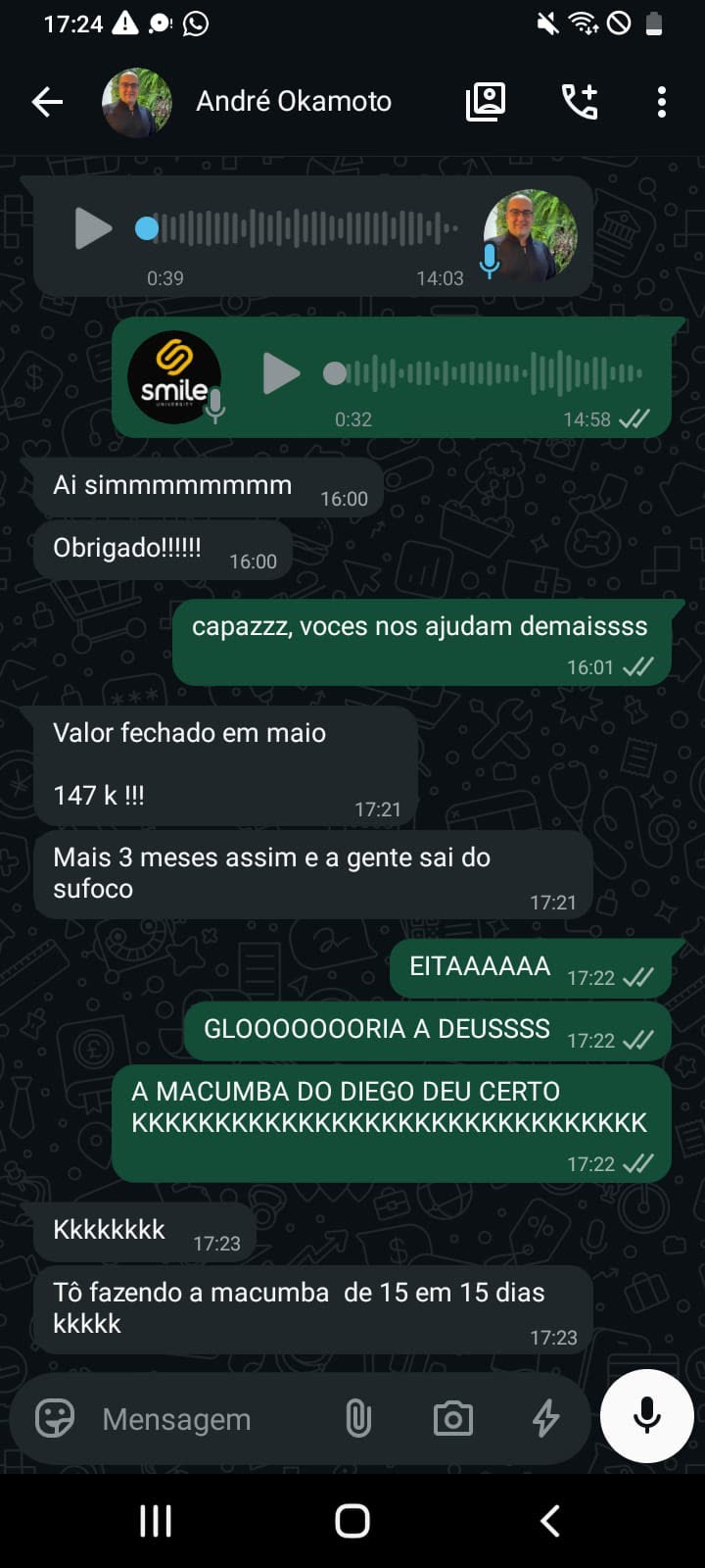 Print de depoimento no WhatsApp: Okamoto maio