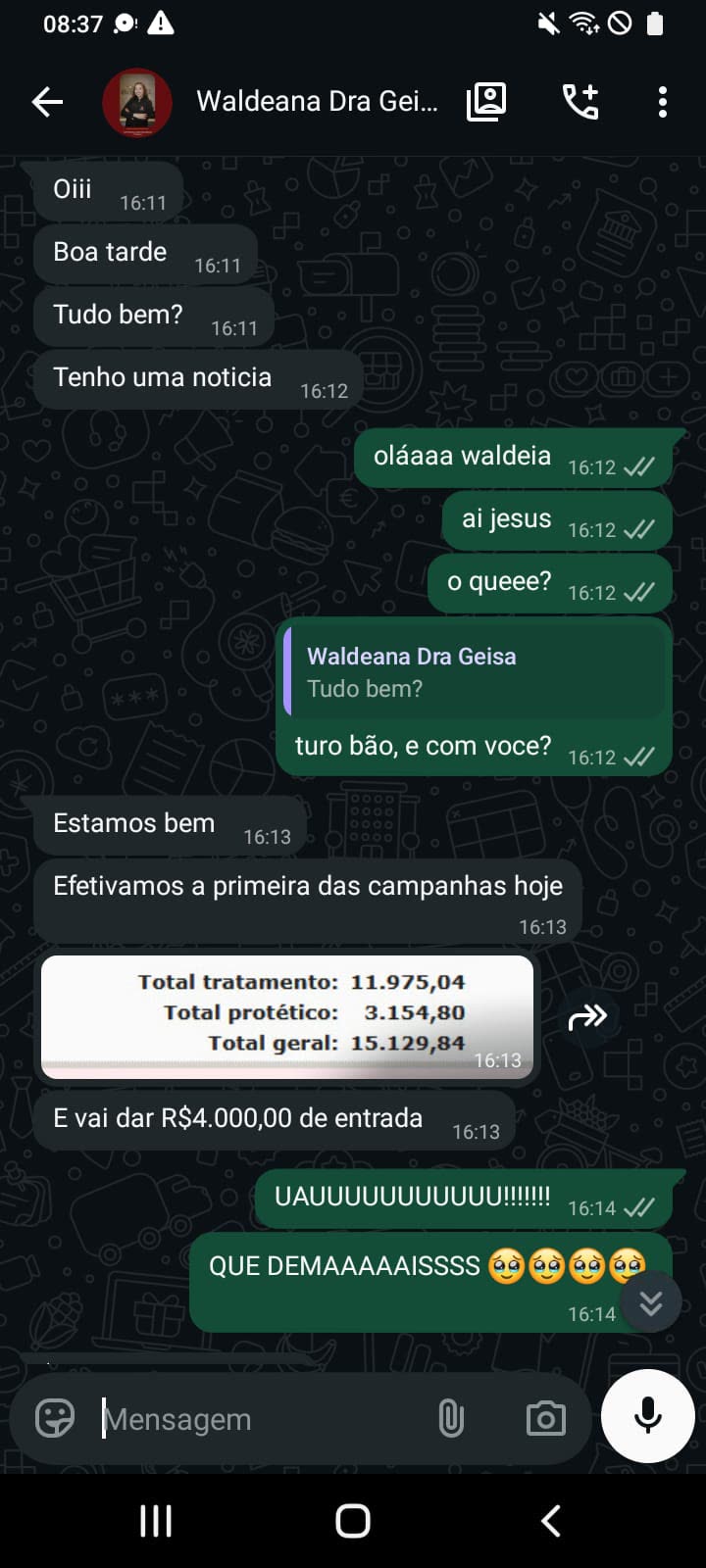 Print de depoimento no WhatsApp: Waldeana (Geisa)