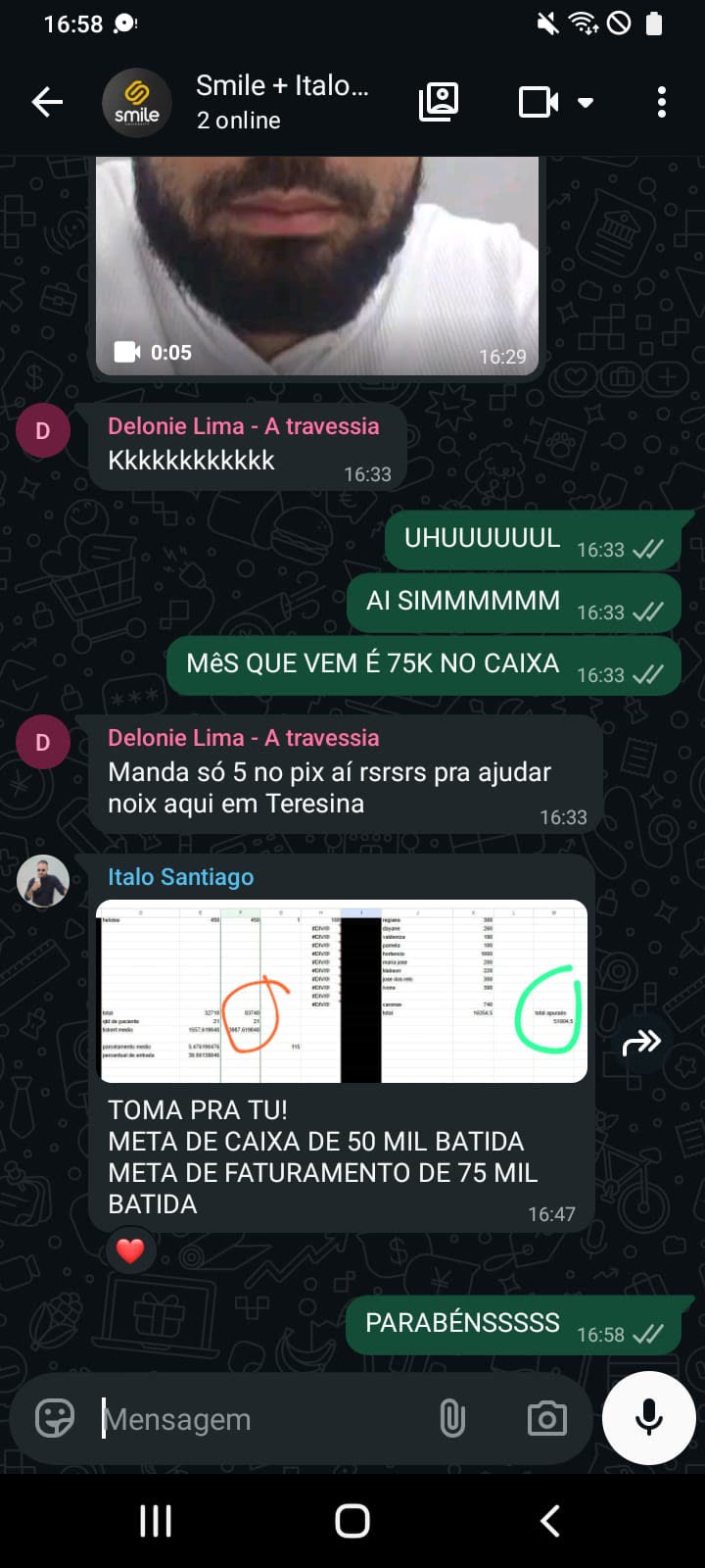 Print de depoimento no WhatsApp: meta batida italo