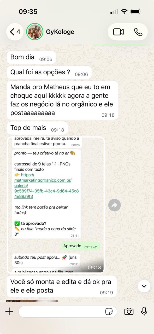 Print real de GyKologe relatando a criação de conteúdo com aprovação antes da publicação.