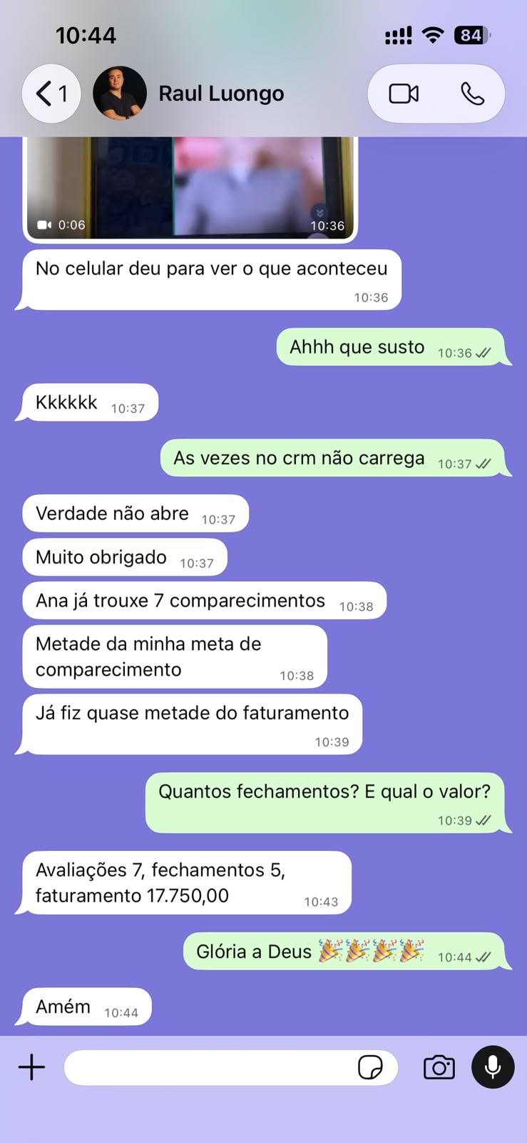 Print real de Raul Luongo relatando 7 avaliações, 5 fechamentos e faturamento de R$ 17.750.