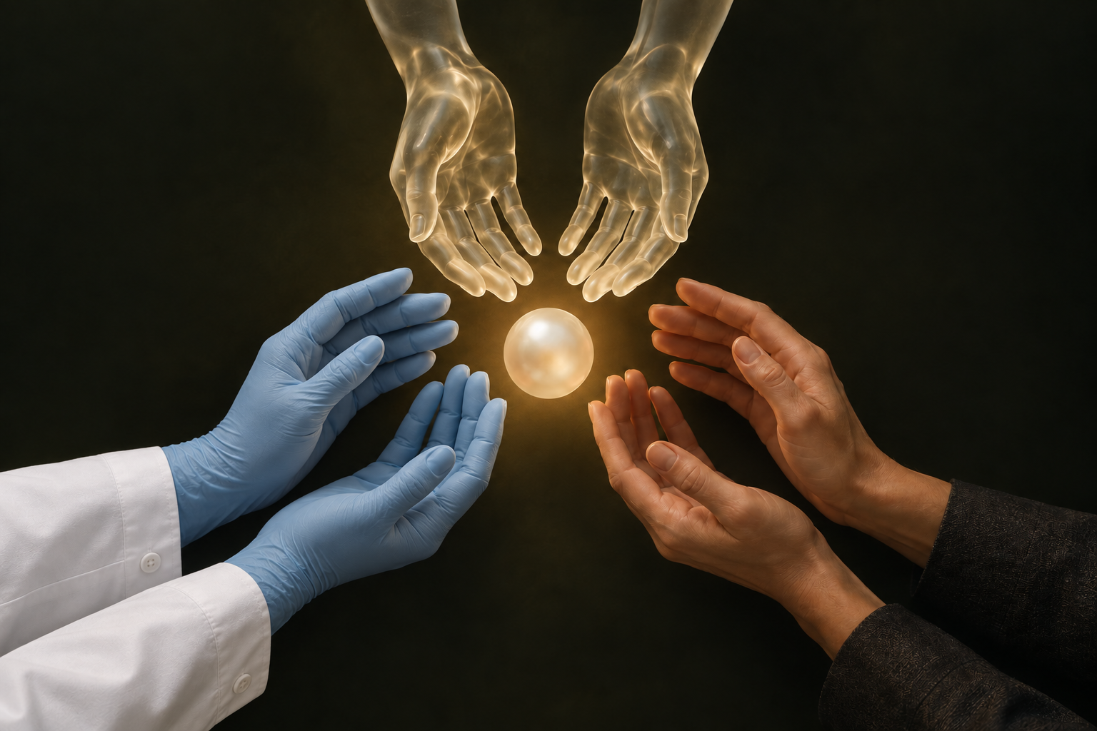 Seis mãos em torno de uma esfera de luz: um par com luvas e jaleco do dentista, um par translúcido representando a inteligência artificial e um par de mãos humanas naturais da Smile.